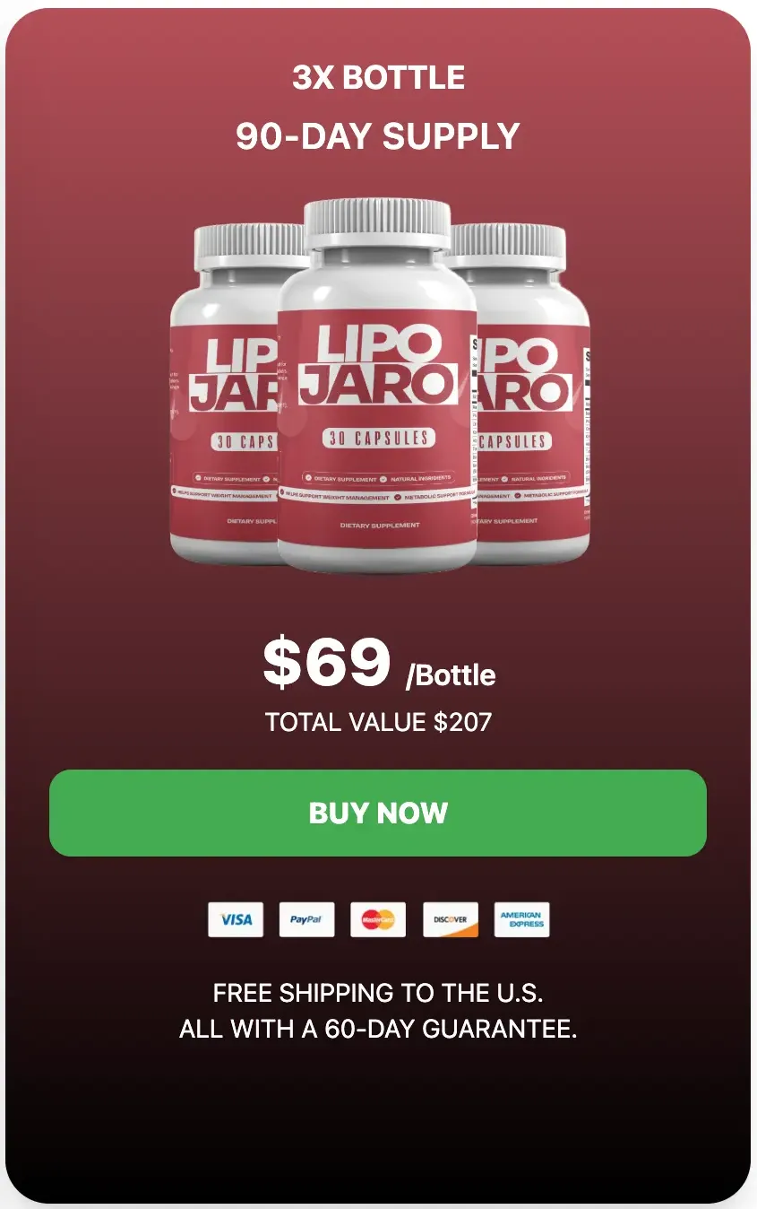 LipoJaro 3-bottle package — 90-day supply at $69 per bottle with free U.S. shipping