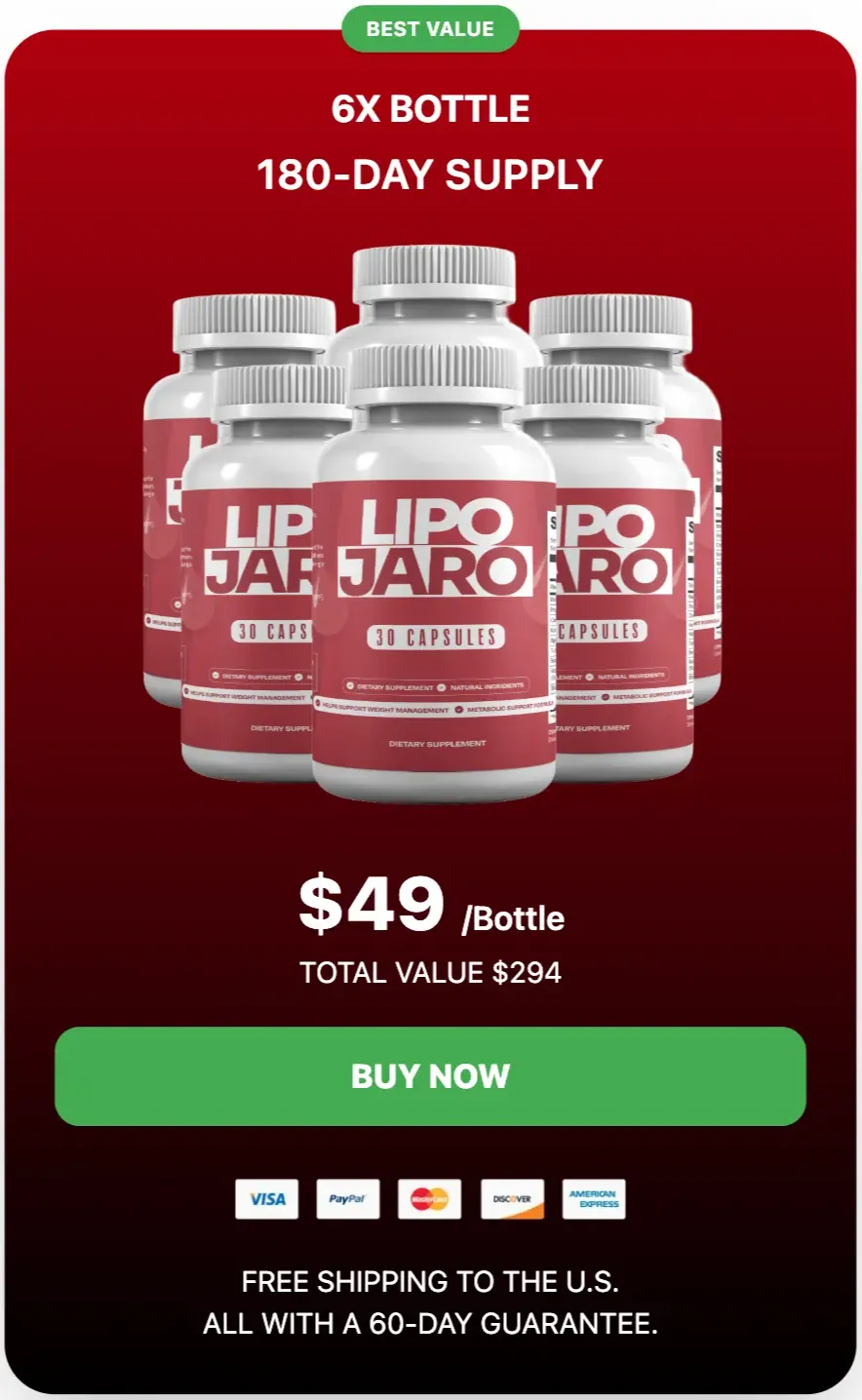 LipoJaro 6-bottle Best Value package — 180-day supply at $49 per bottle with free U.S. shipping